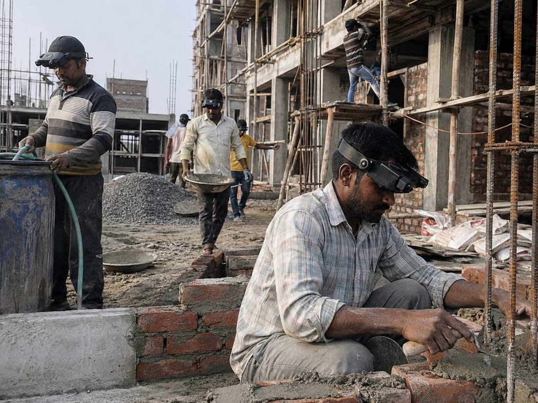 Construction site workers wearing head-mounted cameras while laying bricks