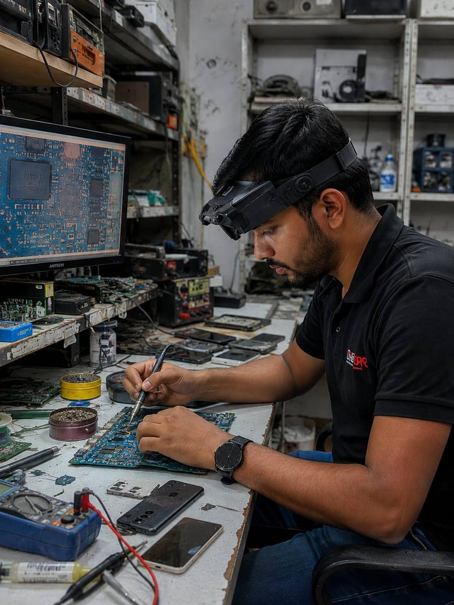 Technician repairing a circuit board wearing a head-mounted camera