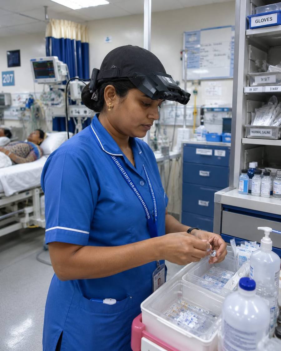 Medical staff member wearing a head-mounted camera in a clinical setting